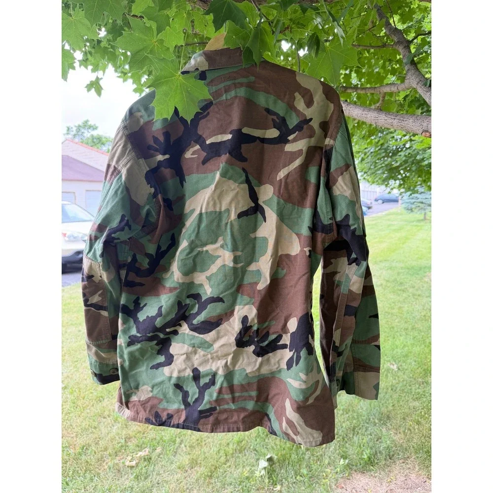US Army BDU Jacket Woodland Camo Medium Short Rolling Stones Patch Jorgensen